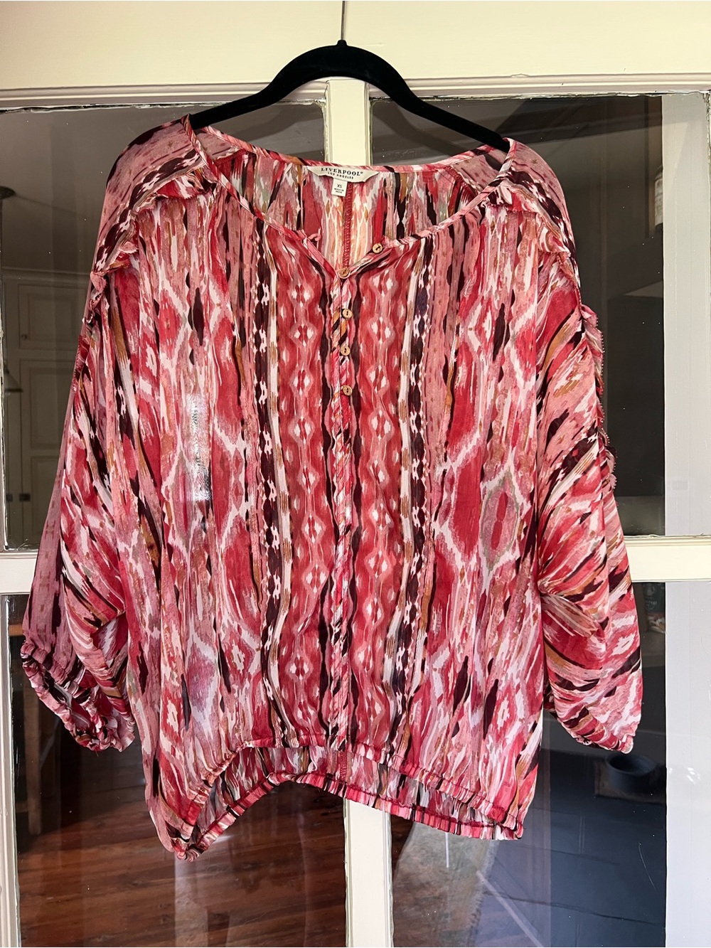 Liverpool Los Angeles Boho Ikat Print Blouse | XS | Pink Abstract Balloon Sleeve